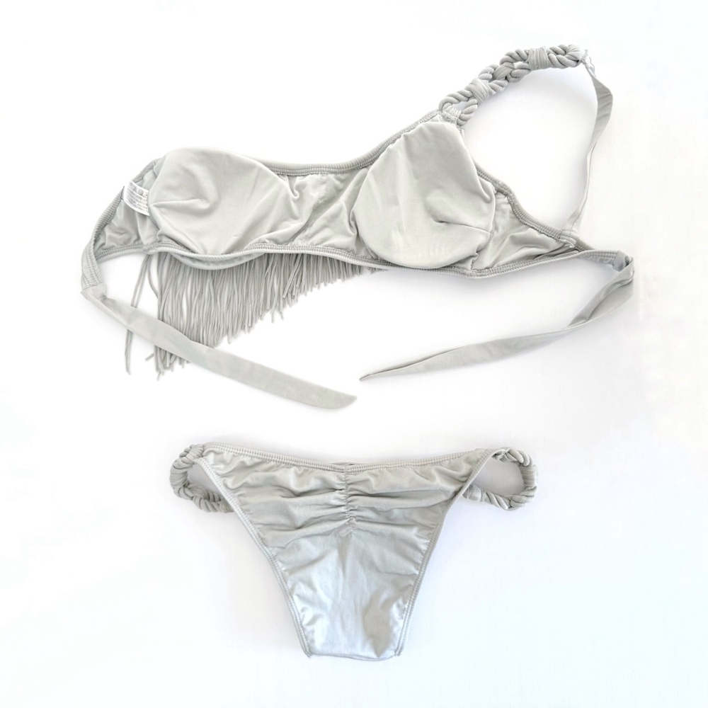 DESPI GRAY SINGLE STRAP HANGING FRINGE ROPE BIKINI TOP BOTTOM SET - Picture 3 of 7